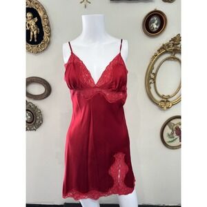 Mary Green Red 95% Silk Lace Trim Slip Dress Chemise Nightgown Women's Sz Medium